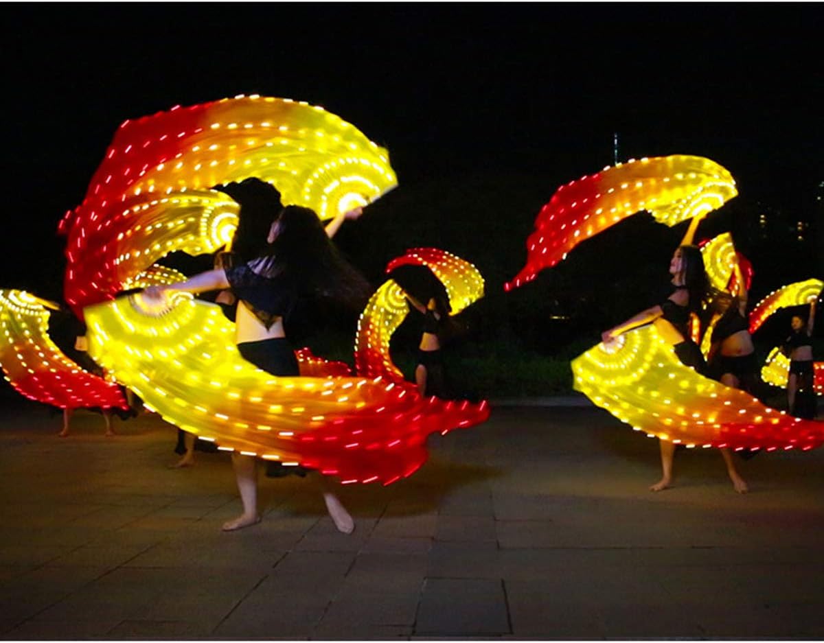 MISI CHAO Belly Dance LED Fan Veil - 1.8 Long Bamboo Fans Veil Hand Made Silk Fan for Dance/Outdoor 1 Pair(Yellow+Red) : Clothing, Shoes & Jewelry