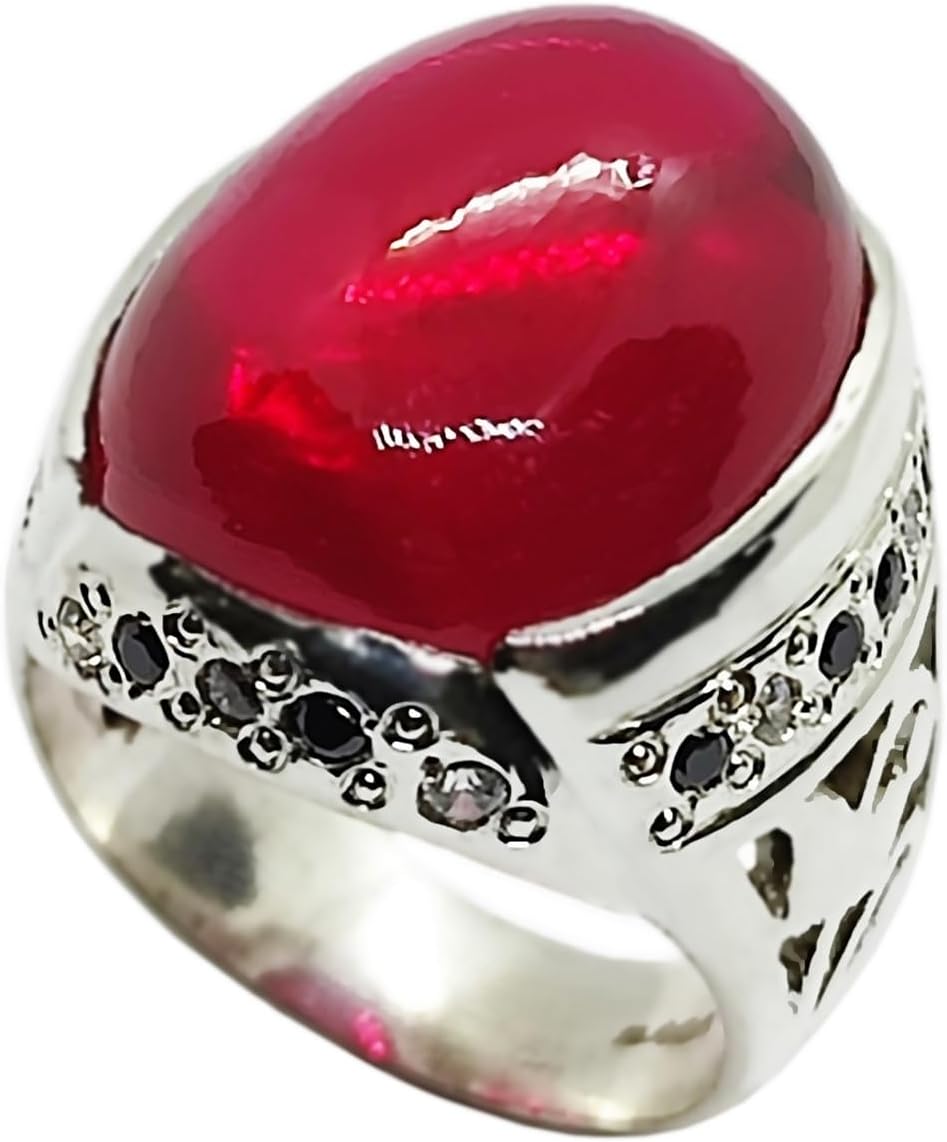 28 Carat Cabochon Red Created Ruby Mens Lattice Ring Sterling Silver 925 Handmade Yaqoot Ring Gift for Him Roby Ring