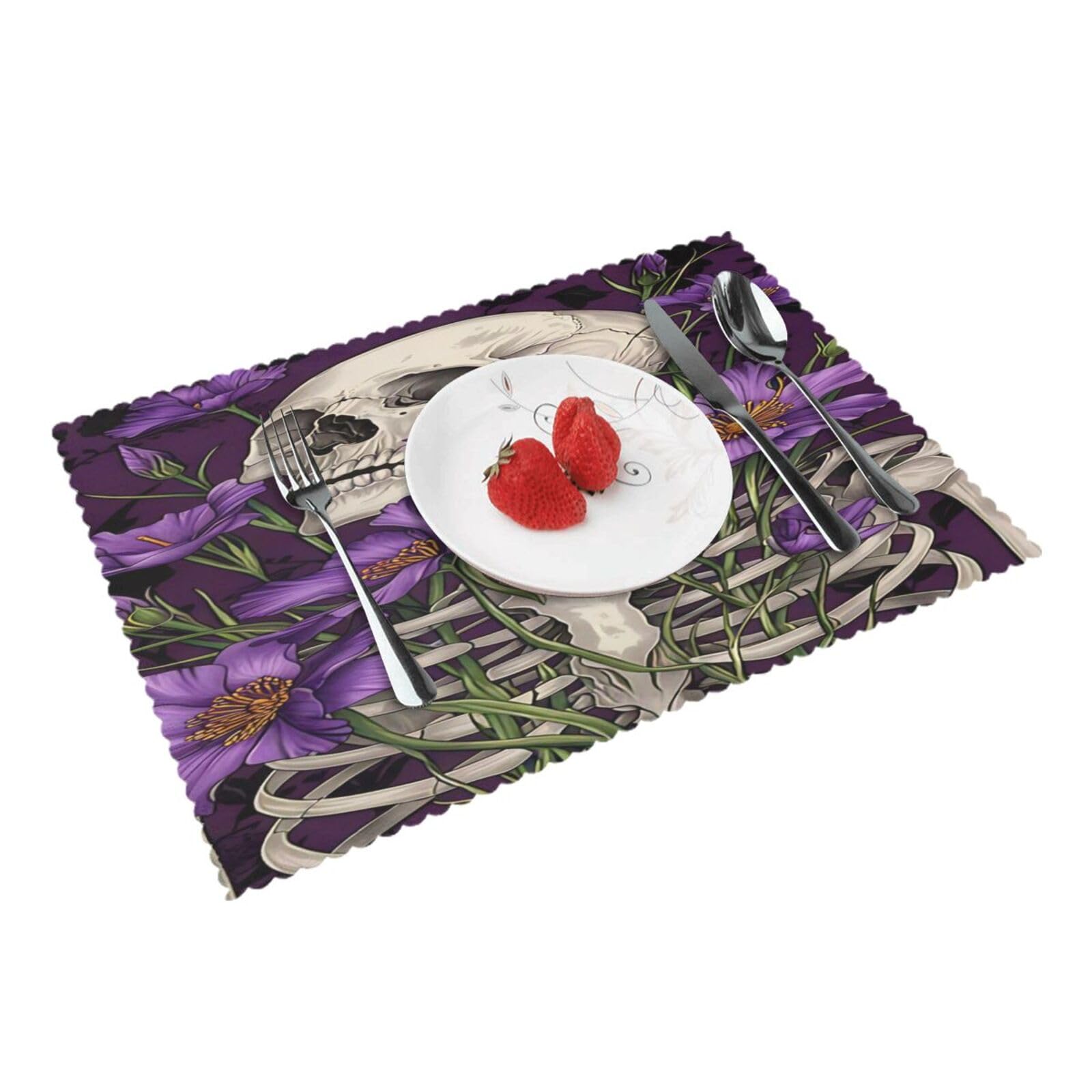 Skull Purple Flowers Placemats Set of 4 Print Table Mats Place Mats Table Decor for Kitchen Dining 12X18 in