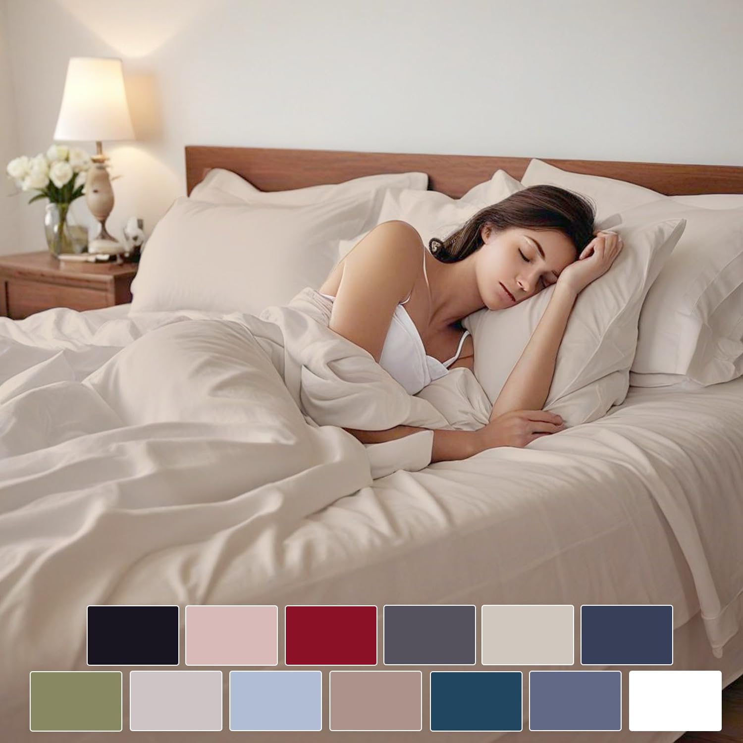 Marina Shades 100% Egyptian Cotton Twin Size Sheet Set High Thread Count Hotel Luxury Bed Sheets Breathable Cooling 4 Piece Bedding with 2 Pillow Cases 17 Inch Extra Deep Pocket Fitted Sheet Ivory