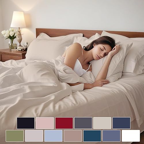 Miniatura 7 de Marina Shades Juego de sábanas 100% algodón egipcio, tamaño California King, color marfil, 4 piezas, 1000 hilos, súper suave, elástico,