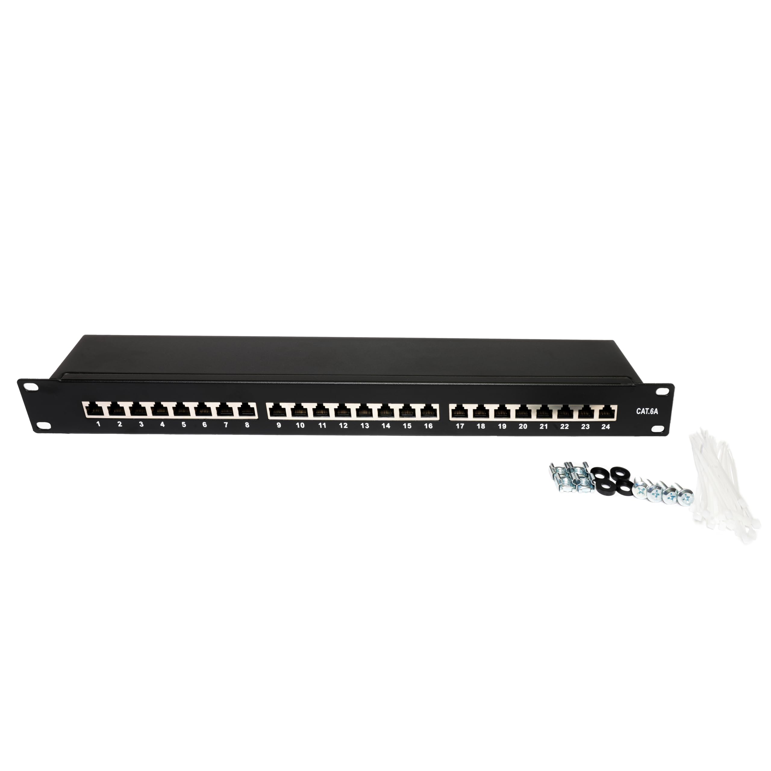 BIGtec Patchpanel 24 Port CAT6a 19 Zoll schwarz Patchfeld Verteilerfeld geschirmt 24x RJ45 Anschluß 19" Rackeinbau Servermontage Netzwerkschrank