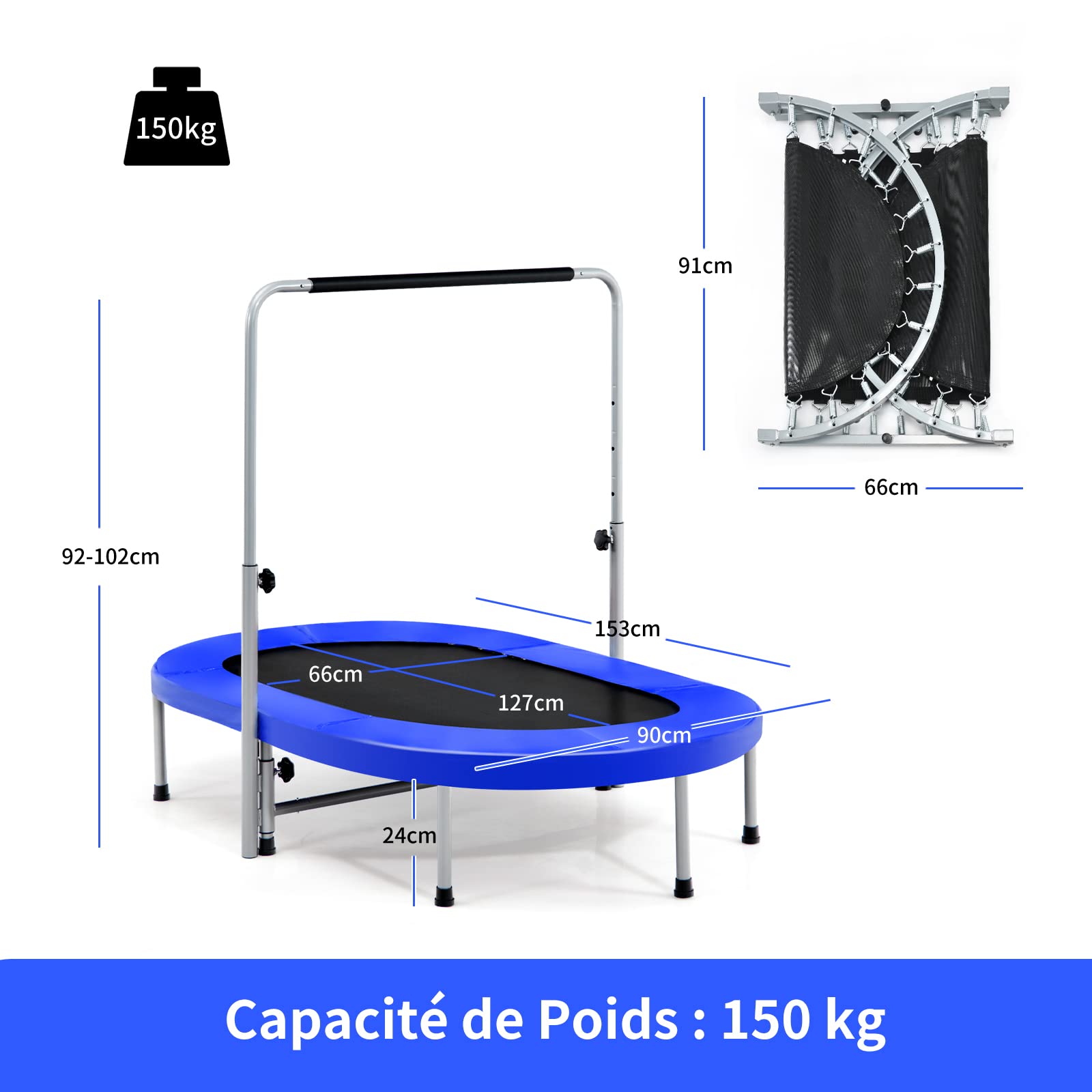 GYMAX Trampoline Double de Loisir pour 2 Personnes, Trampoline Pliable avec Poignée Réglable et Coussin de Sécurité, Rebondisseur Ovale pour Enfants et Adultes, Intérieur et Extérieur
