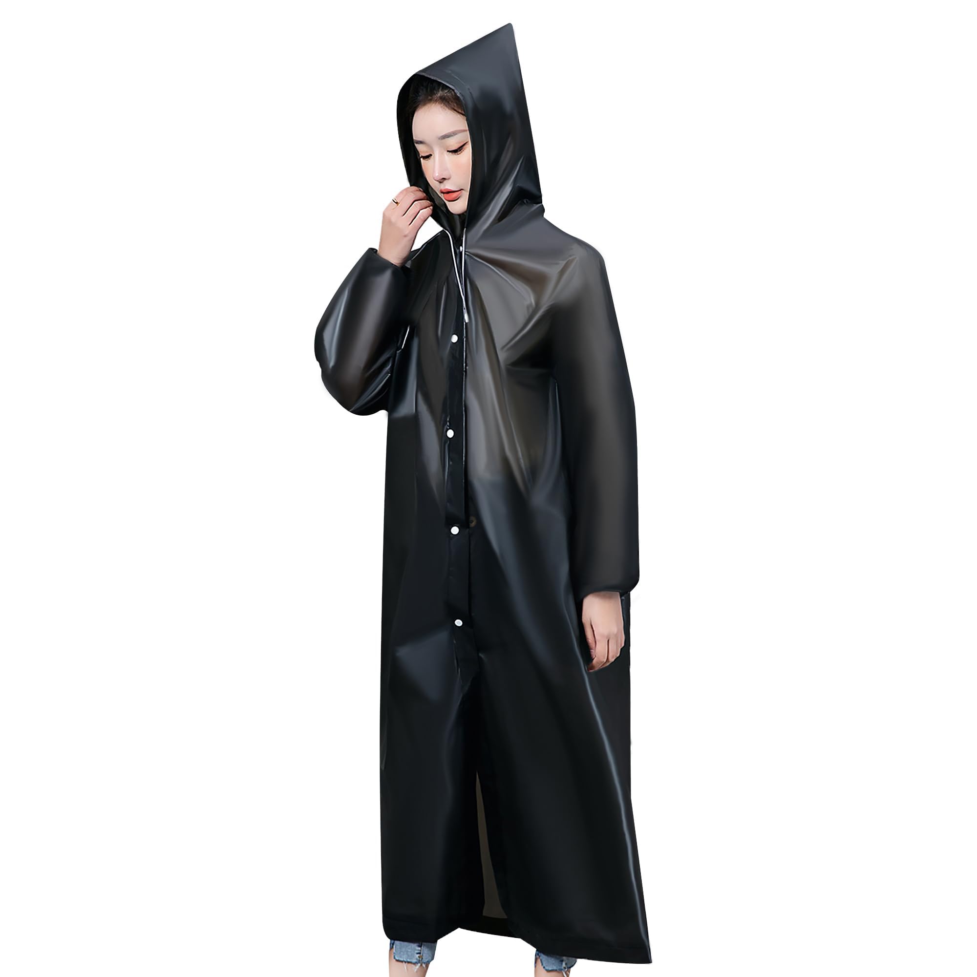 Dzxin Raincoat, Rain Coat Poncho Adult Reusable Raincoat Waterproof Ponchos with Hood and Drawstring for Emergency, Outdoors, Camping,Travel(Black)