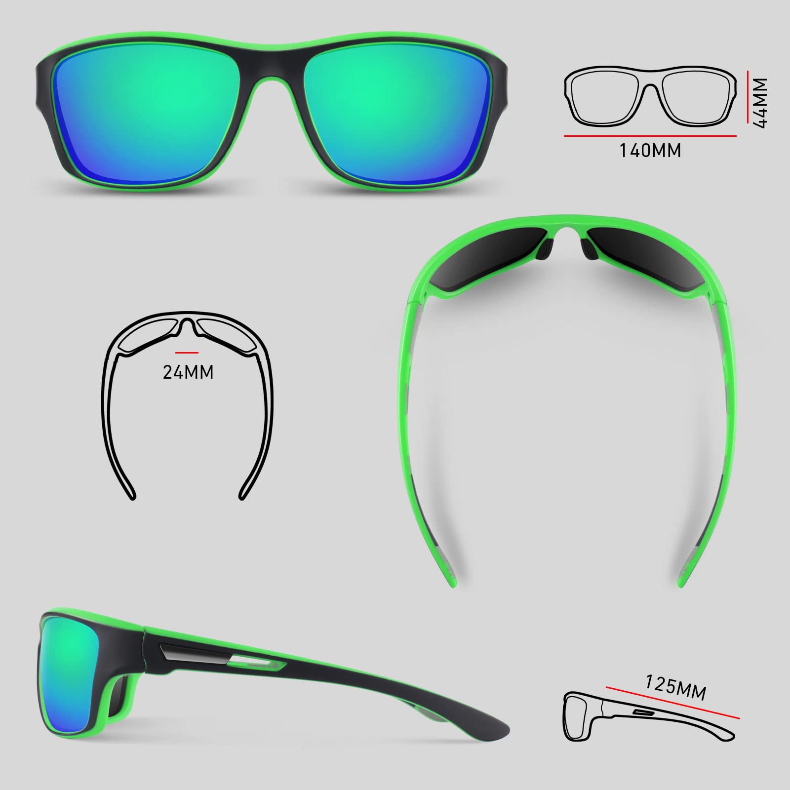 Occhiali da sole sportivi polarizzati per uomini e donne, per pesca e guida, protezione UV400, Montatura nera/Lenti fumé + montatura verde nera/Lente a specchio verde brillante, Medium