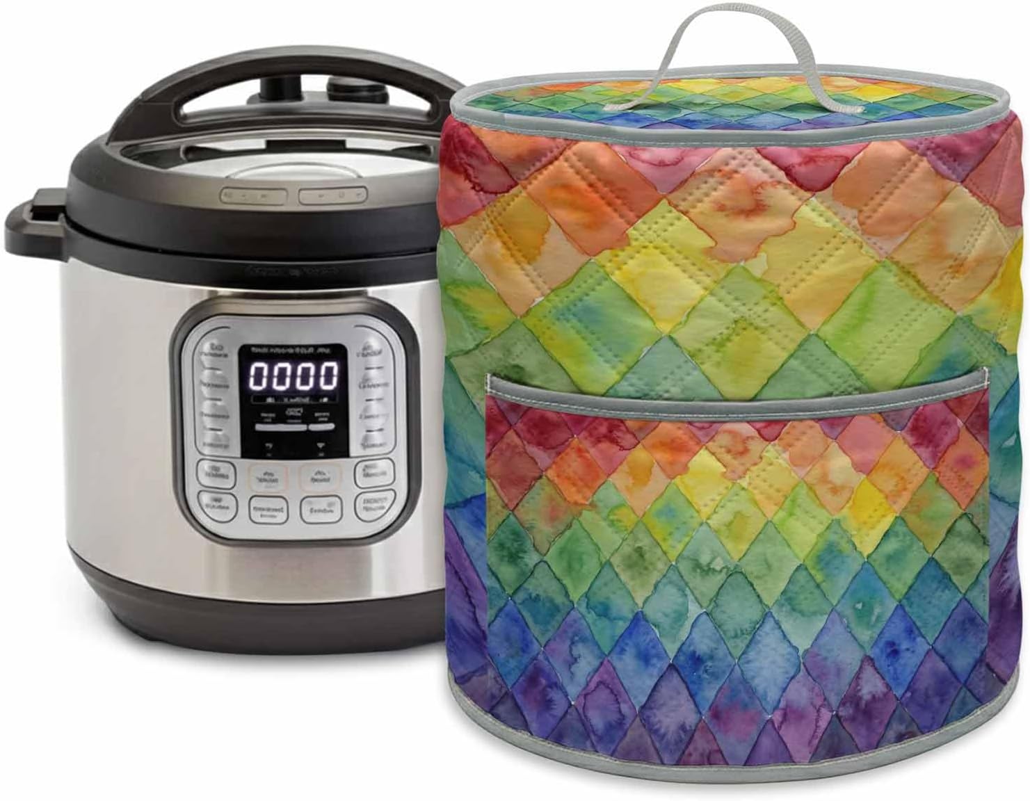 Colorful Modern Geometric Pressure Cooker Cover Watercolor Rainbow Diamond Pattern Dust Cover for Kitchen Appliances with Top Handle & Storage Pockets, Fits 6 Quart Instant Pot, Air Fryer, Crock Pot