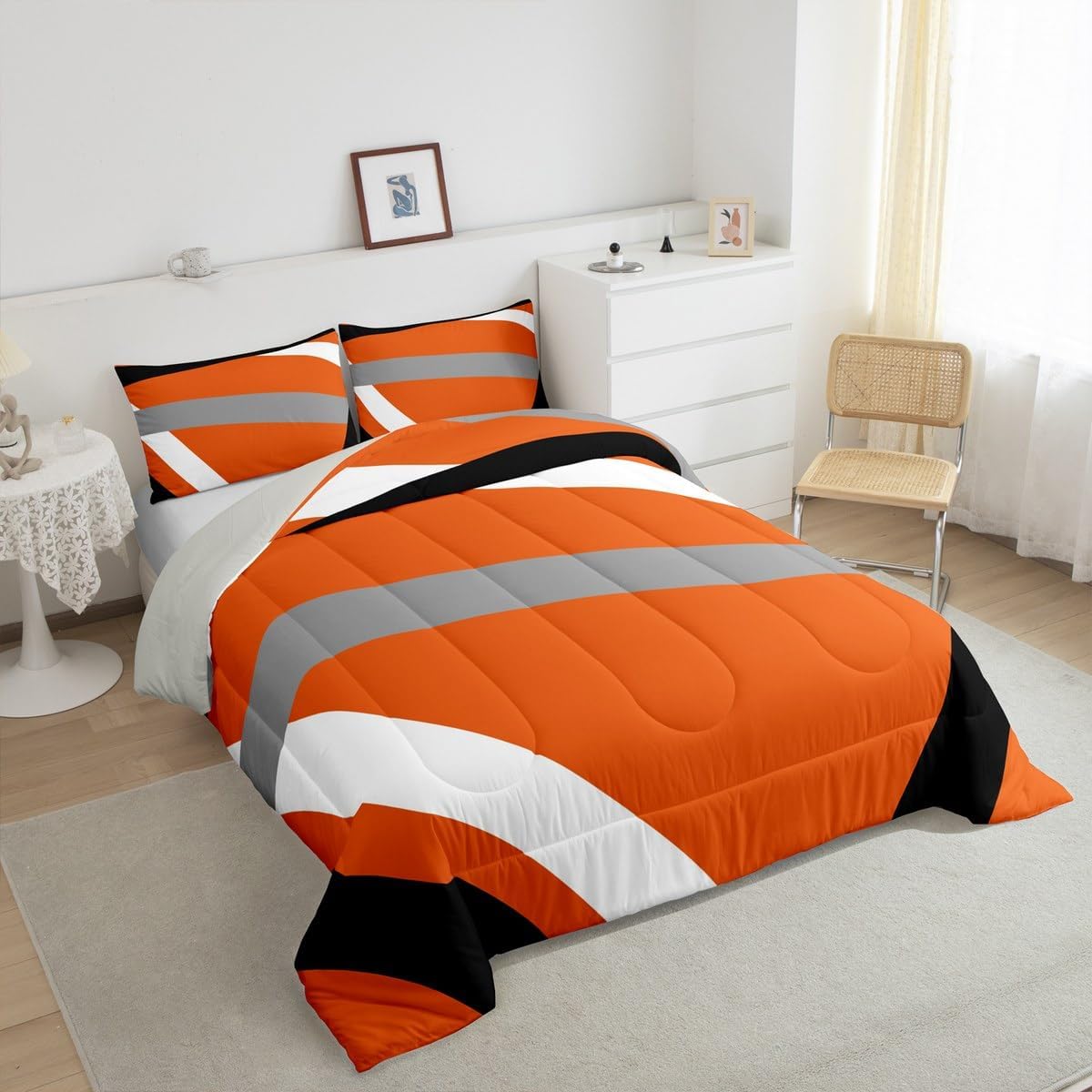 Erosebridal Orange Gray Black Striped Queen Comforter Set for Adult Women Men Modern Abstract Bedding Set Geometric Lines Bed Set Aesthetic Boho Quilt Set - Image 4