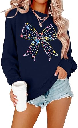 MOUSYA Christmas Lights Bow sweatshirt Retro Christmas Shirt Xmas Holiday Pullover Tops