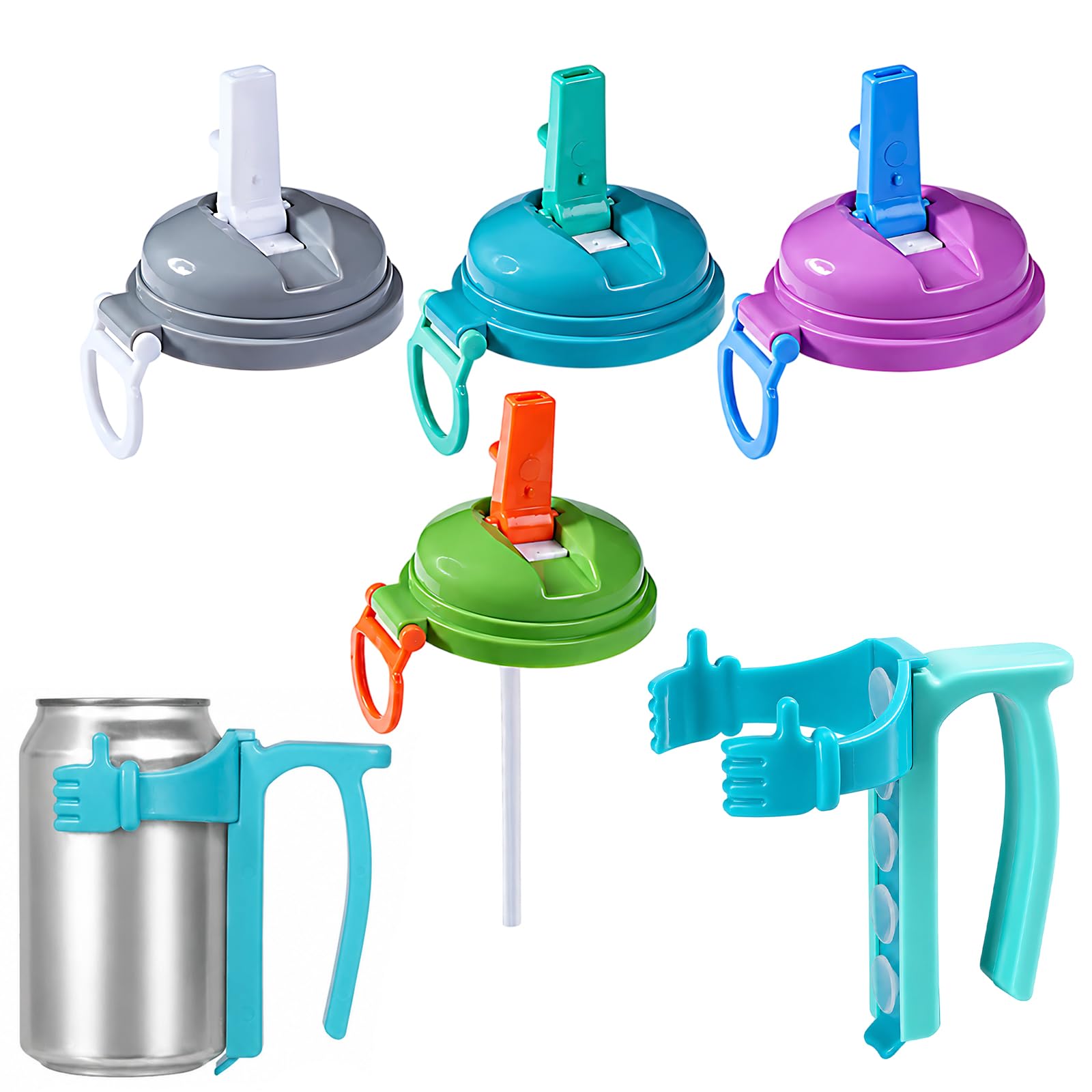 5PCS Can Lids for Fizzy Drinks, Can Lids for Tins – 4 Silicone Cup Lids + 1 Handle Holder for Standard Soda Cans, Leak Resistant Seals, Reusable Covers for Tin Cans