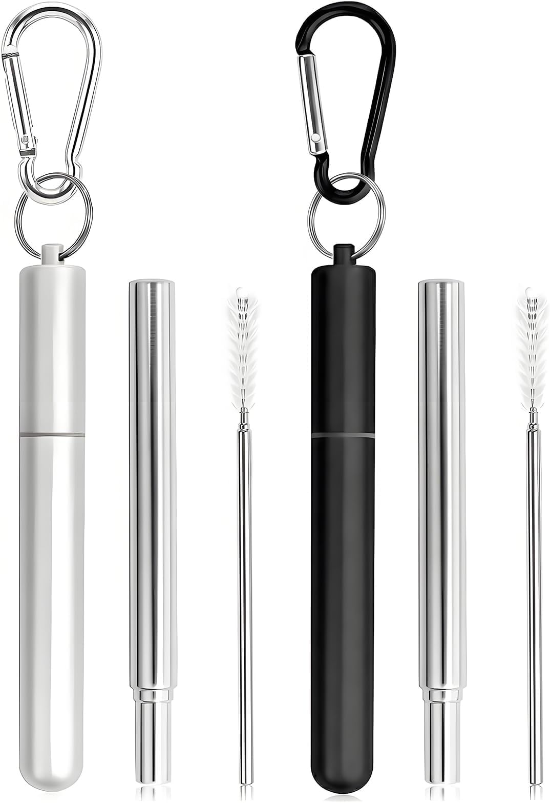 Metal Straws Reusable，Collapsible Stainless Steel Straw，Cruise Ship Essentials，Equipped with Silicone Straw Tip，Cleaning Brush and Keychain，Easy to Carry and Clean（2 Pack, Black+Silver）