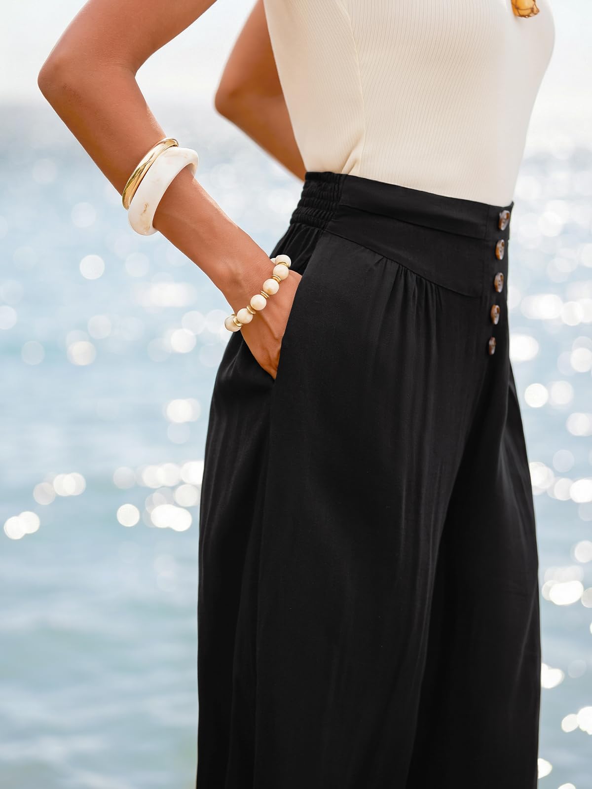 CUPSHE Pantalon d'été léger et large pour femme, taille haute, avec boutonnière décorative, plissé, élégant, long, avec poches, plage, vacances