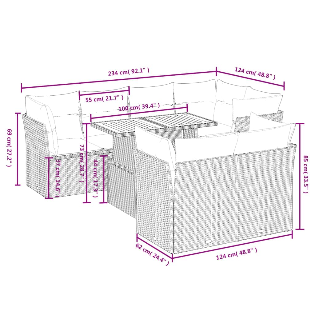 Set Divano da Giardino 8 Pezzi in Rattan PE con Tavolo Regolabile