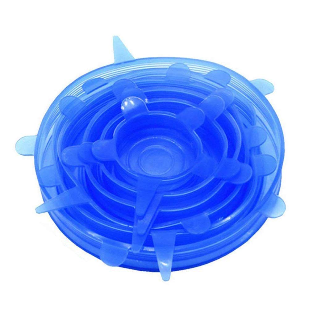 Dubens Blue 6 Pieces Different Sizes Silicone Lid Stretch Lid Keep Fresh, Stretchy & Reusable Food Saver, Silicone Stretch Lid For Bowl, Cans, Cups, Glassware (Blue)