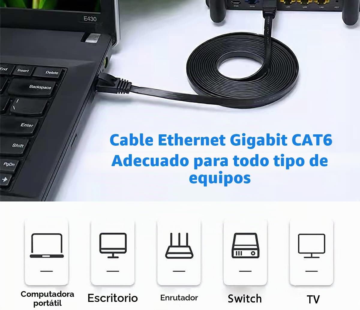 Cable Ethernet 30 metros, Cat 6 alta Velocidad Cable de Red Rj45 30m Plano Cable Internet Gigabit, Cable LAN Cat6 Impermeables Exterior Interior, Más Rápido que Cat5E/Cat5 para Router MóDem (30 Clips)