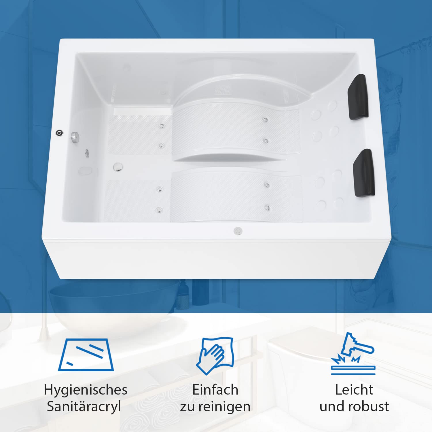 AQUADE Jacuzzi 2 Person Whirlpool Badewanne Air Relax 180x130 mit LED Whirlpool Beleuchtung & Badekissen für Badewanne Whirlpool 2 Personen/Whirlpool Badewannen Set