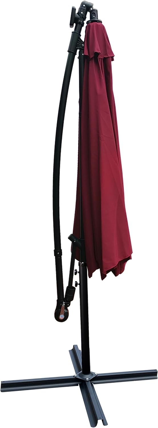 10FT Patio Umbrella, Outdoor Offset Umbrella with Cross Base and Crank, Cantilever Umbrella with Solar Lights, Hanging Market Umbrella with Sturdy 8 Rids for Pool, Deck, Backyard, Porch (Burgundy)