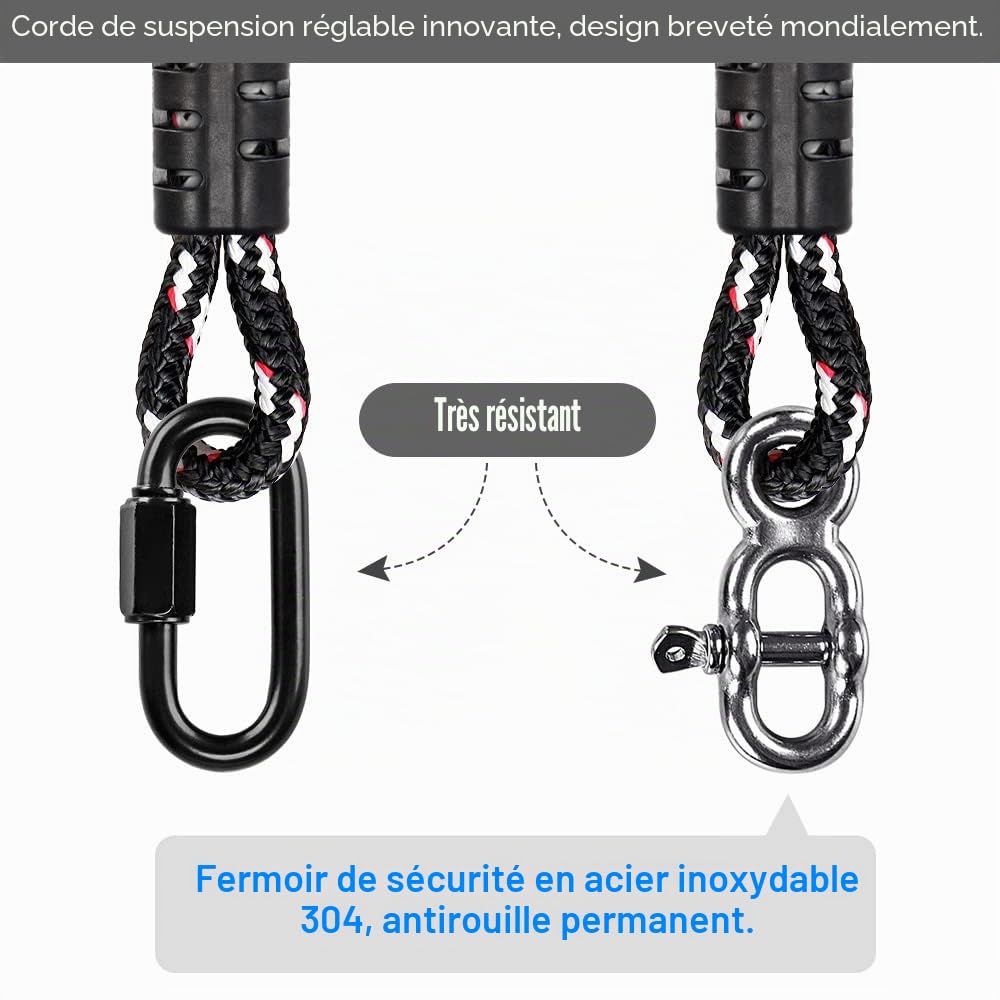 BeneLabel 2pcs Sangles de Suspension, 2M Corde de Balançoire Hamac Réglable Extensible en Polyester pour Arbres Chaises Jeux Accessoires, Jusqu'à 1000lbs, 10mm de Diamètre, Noir