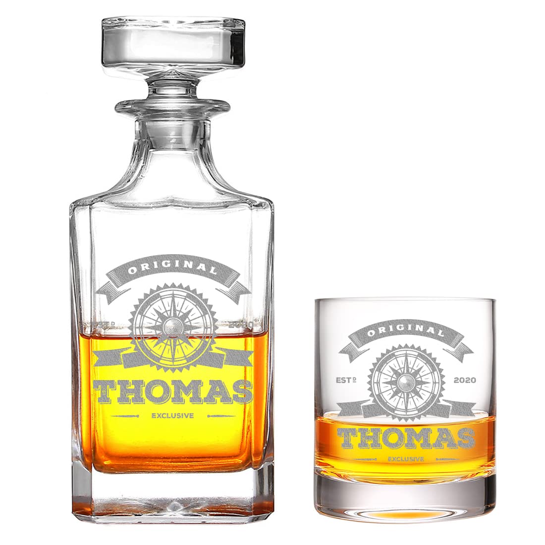 polar-effekt Lot de 2 carafes à whisky avec gravure personnalisée Motif boussole originale avec 1 verre à whisky 320 ml – Verre cristal – Carré – Gentleman – Drink – Anniversaire, Noël