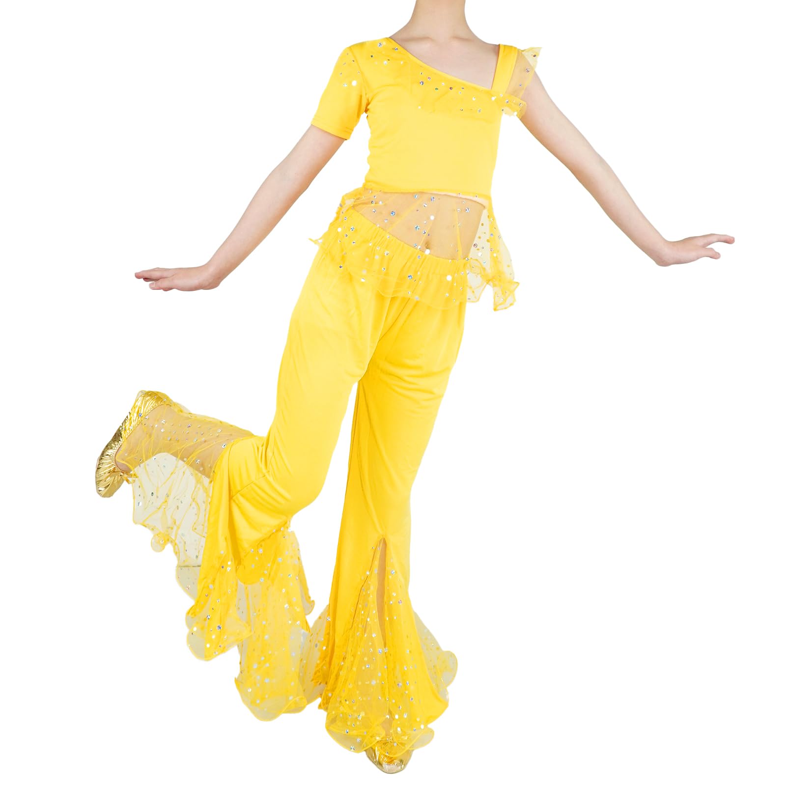 Baisdan Girls Belly Dance Costume India Belly Dance Arabian Princess Halloween Set Yellow 9-10 Years - Image 3