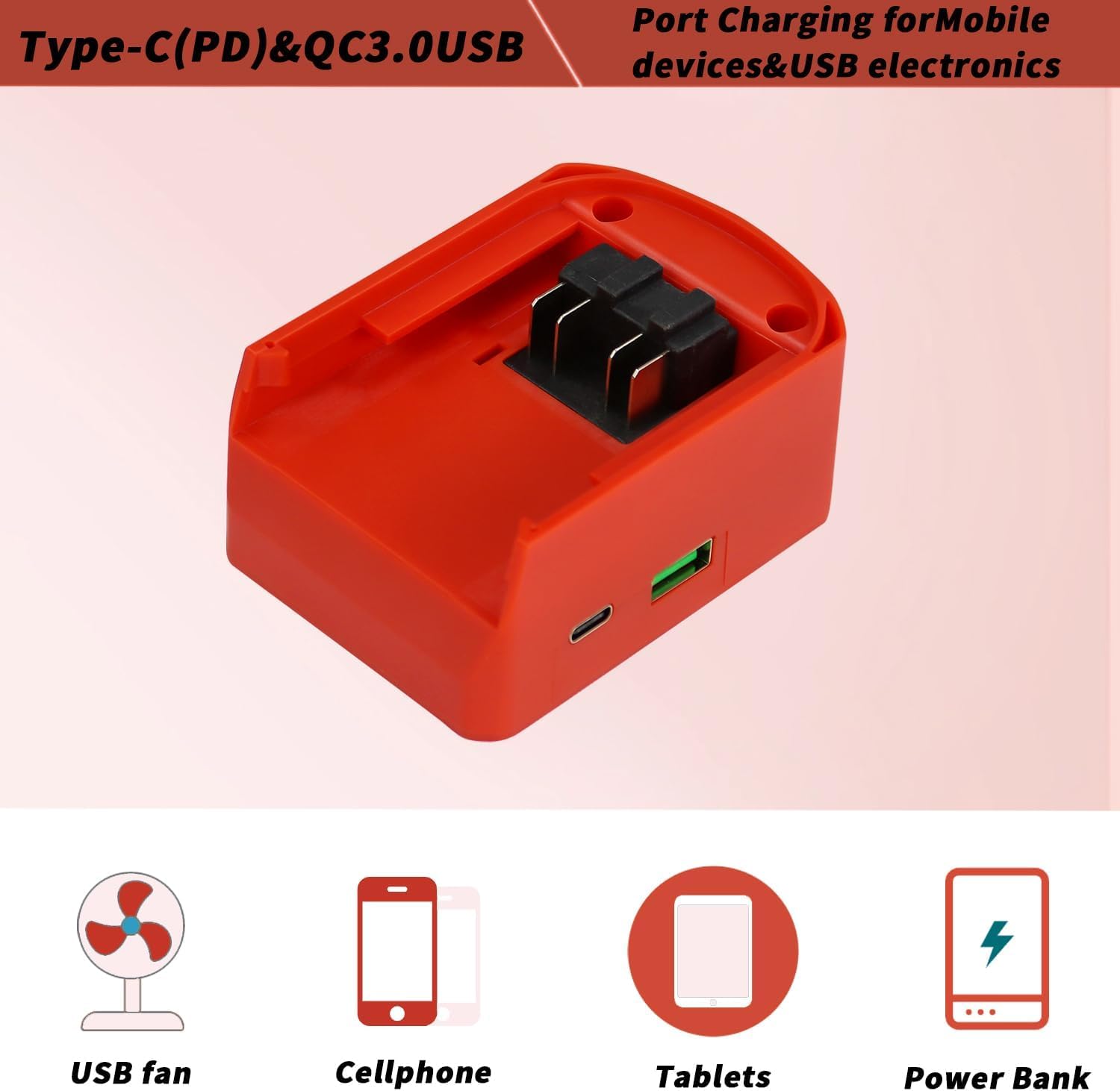 Lot de 2 adaptateurs de charge rapide USB pour batterie Milwaukee 20 V/18 V, pour batterie M18 avec interface de charge rapide USB de type C, 5 V/3 A, 9 V/2,22 A PPS 3,3 V-11 V/2 A, 12 V/1,5 A