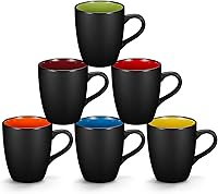 Qipecedm 6 Pack 12oz Porcelain Coffee Mugs Set - Matte Black Outside, Colorful Inside, Microwave Dishwasher Oven Safe