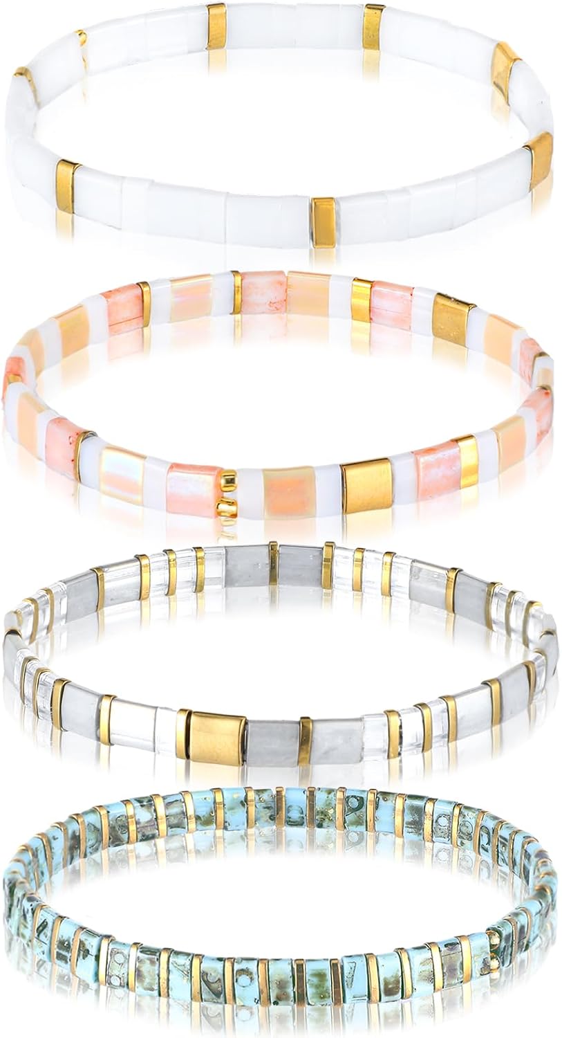 Jadive 4 Pcs Tila Flat Beaded Stretch Bracelets for Women Bohemian Friendship Bead Bracelets Glass Cute Boho Style Square Beaded Decorations for Jewelry Friend Gifts