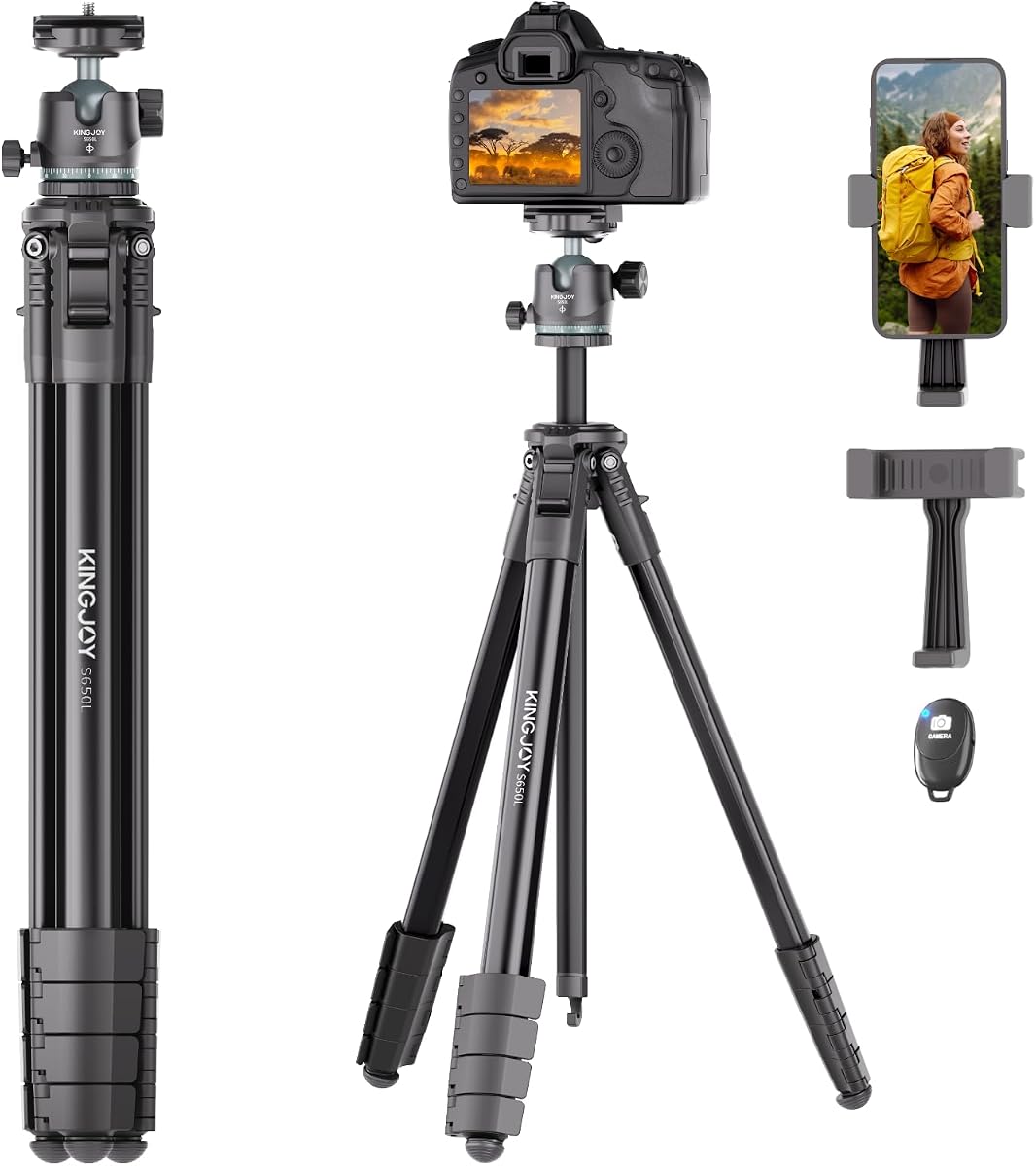 72'' Aluminum Camera Tripod, Travel Tripod with 360° Ball Head | Phone Holder, Carry Bag, Wireless Remote Control, Compatible with DSLR, Phone, Spotting Scopes, Laser Level, Max Load 11 lb