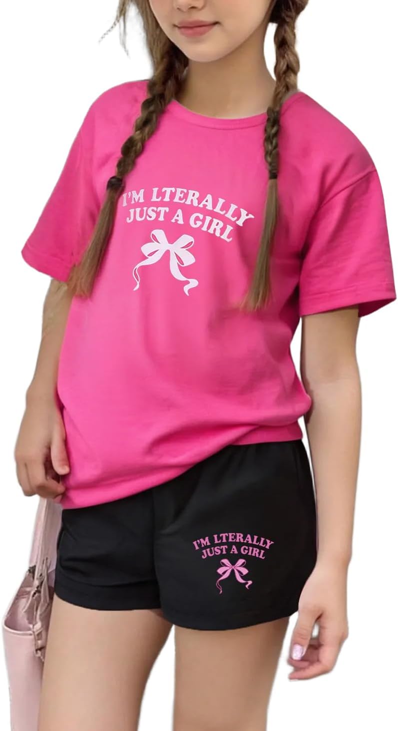 NEW 6-14 Years Girls 2 Piece Outfits Cotton T-Shirt and Shorts Set with Pockets Casual Wear