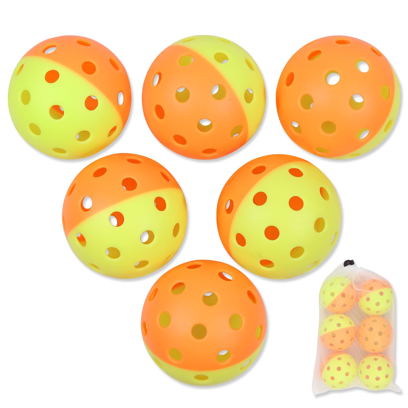 Amoswiz Pickleball Balls, 6 Pack of Indoor & Outdoor Pickle Ball Set, 2 Tone Pickle Balls Set, High Visibility Durable Pickleballs for Training and Tournament, Mixed Color Orange and Yellow