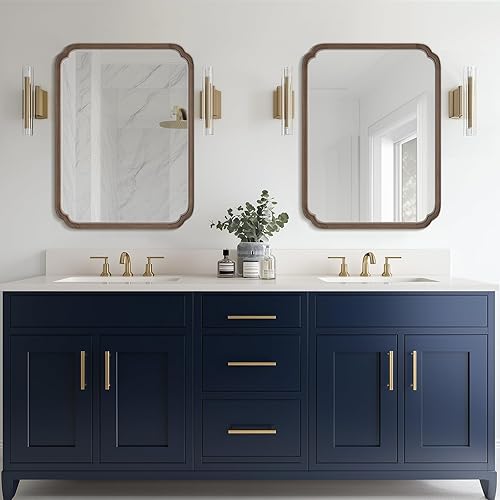 Miniatura 2 de WallBeyond Espejo de baño de madera de 30 x 40 pulgadas para montar en la pared, espejo rústico de esquina redondeada para entrada, sala de estar o