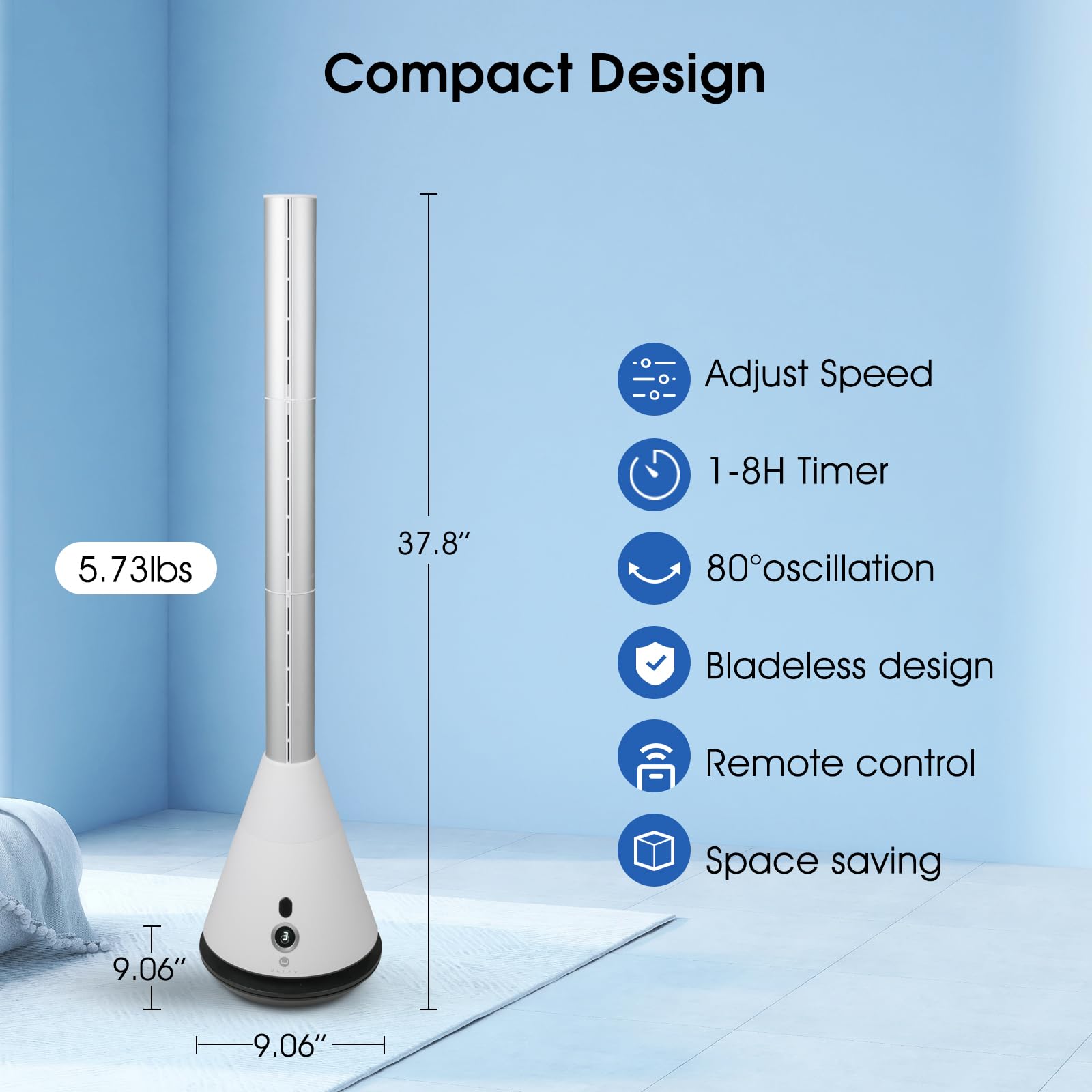 Ventilador de torre sin aspas con control remoto, ventilador de circulación de aire oscilante de 80°, 9 velocidades, temporizador de 8 horas, ventilador de piso para el hogar, dormitorio 2