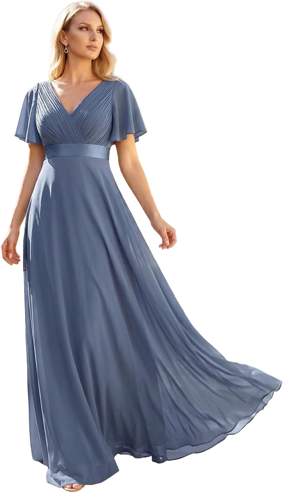 Women's Summer Short Sleeve Chiffon Empire Waist Floor Length Formal Bridesmaid Dress Mother of Bride Dresses