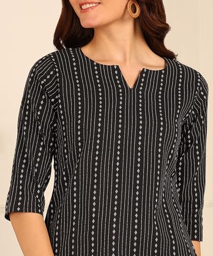 Image of DSK Studio Women's Cotton Short Kurti with Notch Neck Line 3 /4th Sleeves Abstract Pattern Short Length and Regular Fit