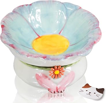 Elevated Ceramic Cat Bowls,Flower Shape Cute Cat Bowls,6''Elevated Cat Food Bowl,Raised Cat Bowls for Indoor Cats,Tilted Cat Food Bowls with Non-Slip Mat,Cat Bowls Whisker FriendlyBlue
