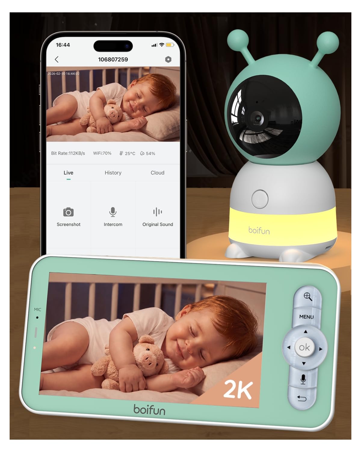 BOIFUN 2K Baby Monitor WiFi, Telecamera 360° con Luci Notturne e Display LCD 5" 3MP, Controllo da App e Monitor, Auto Tracking, Rilevamento Movimento e Suono IA
