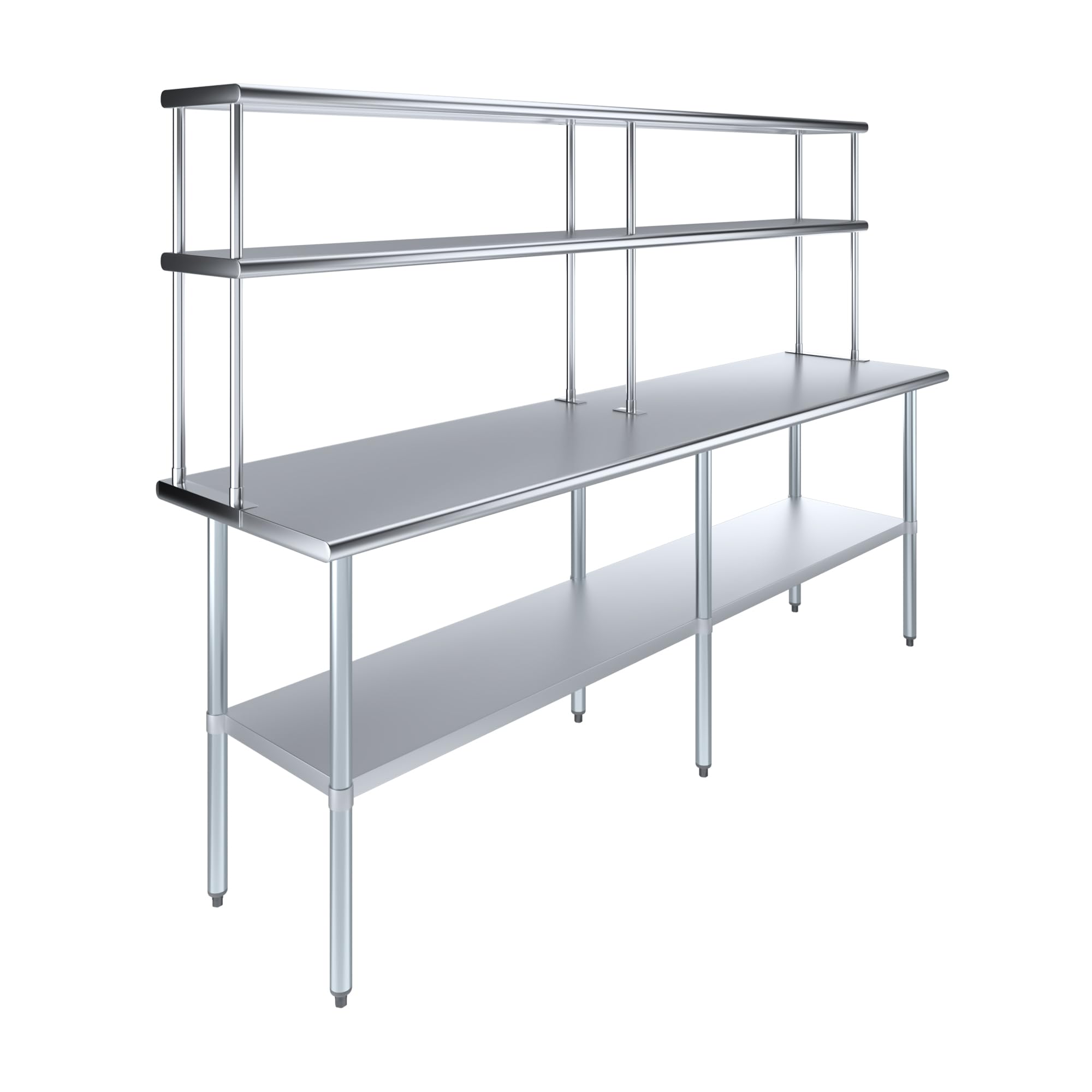 AmGood Stainless Steel Work Table with 12" Wide Double Tier Overshelf | Metal Kitchen Prep Table &amp; Shelving Combo | NSF (Stainless Steel Table with Double Overshelves, 96" Long x 24" Deep)