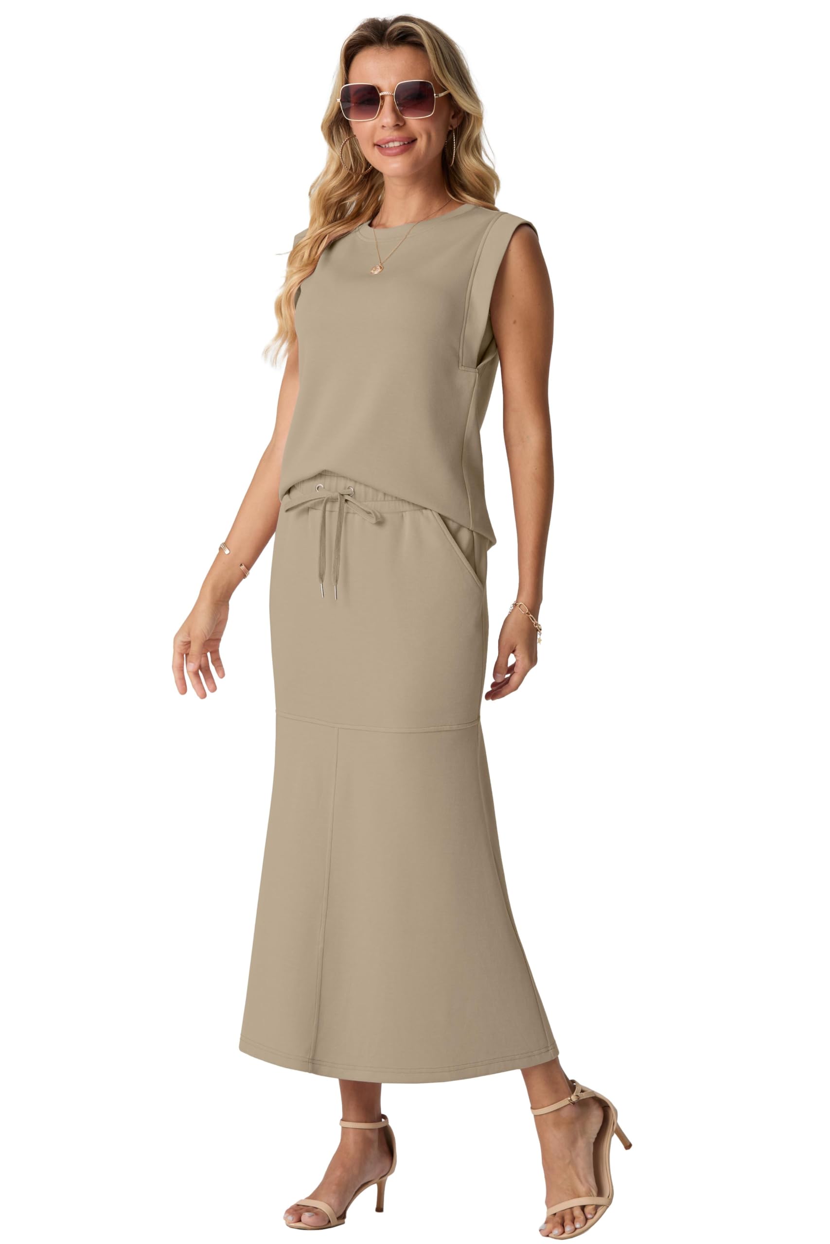 GRECERELLE Zweiteilige Outfits Damen Sommer Trainingsanzug Rundhalsausschnitt Faltenfreies Oberteil und Elastischer Taillen-Midi-Fischschwanzrock mit Taschen