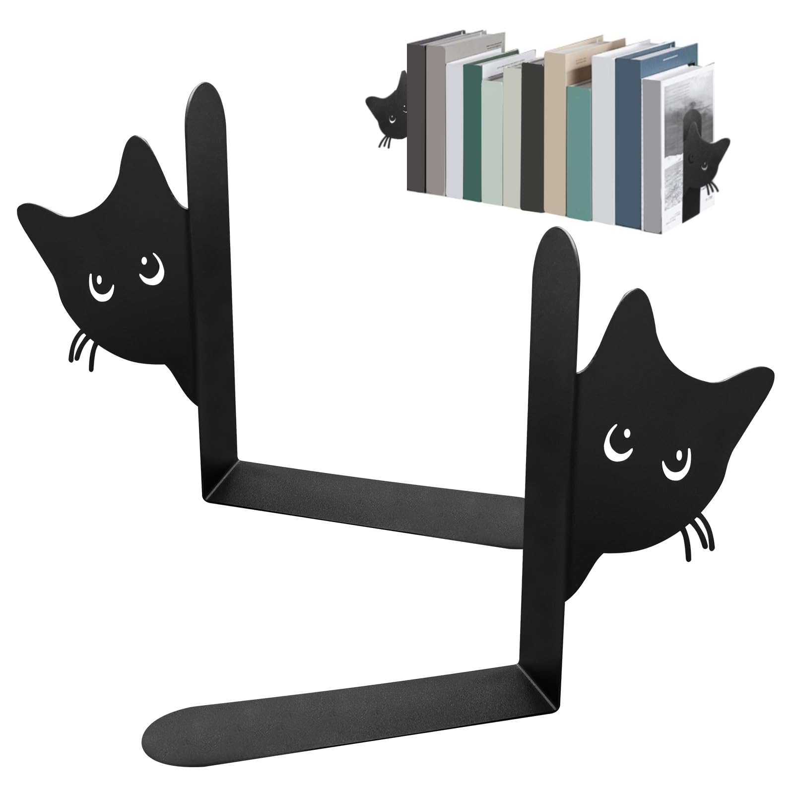 Sujetalibros de Metal, Pack de 2 Sujetalibros Gato Decorativos, Soportes para Libros Estantes, Oficina, Hogar, Negro
