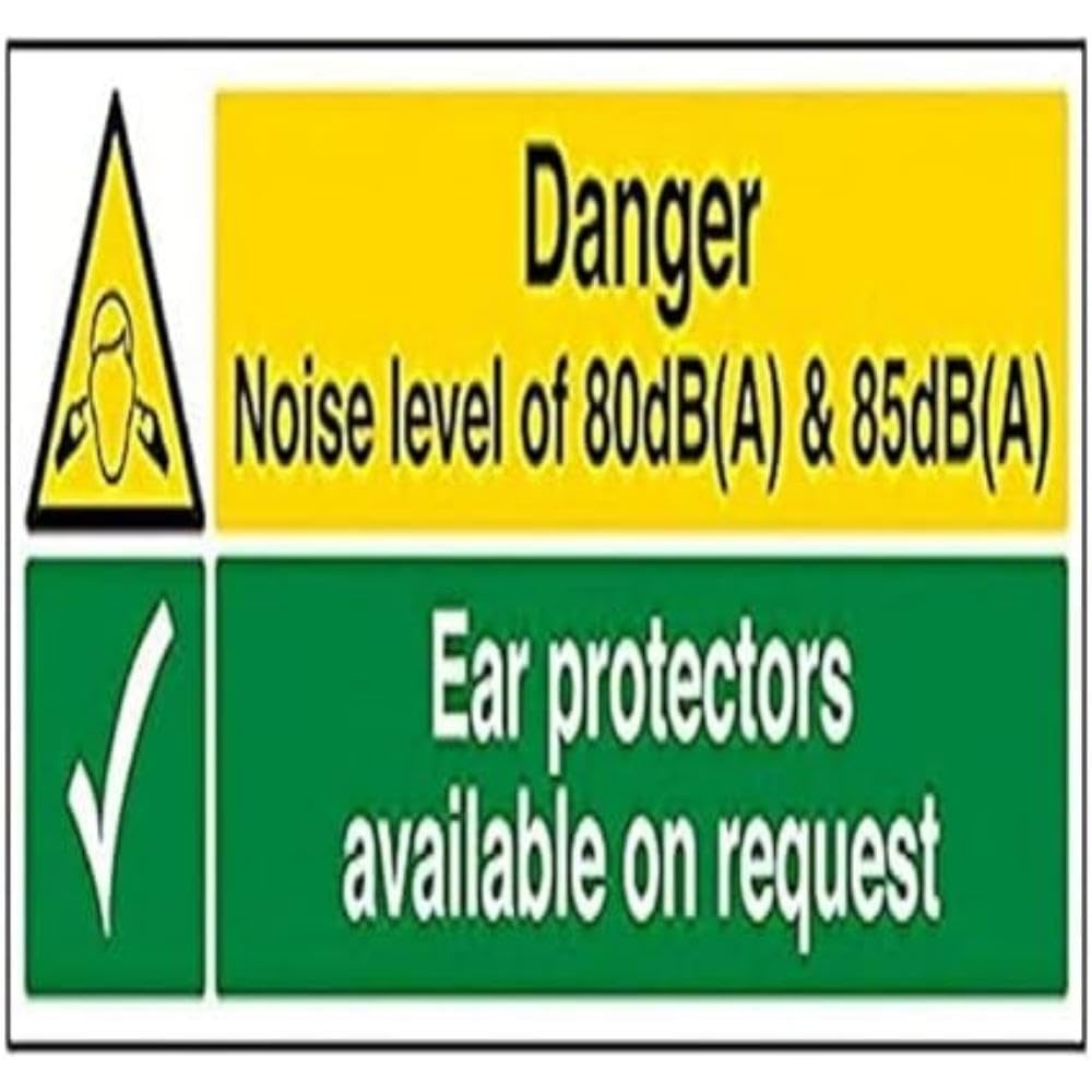 V Safety Noise Hazard. Ear Protectors Available On Request Sign - 450mm x 150mm - 1mm Rigid Plastic