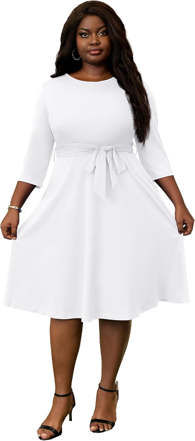 FANDEE Plus Size Midi Dress for Women - Printing Summer Dresses Casual 3/4 Sleeves Round Neck, Pockets and Belt（XL-5XL）