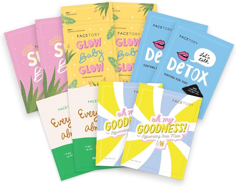 FACETORY Favorite 5 Korean Face Mask Variety Pack, Glass Skin Glow, 10 Pack