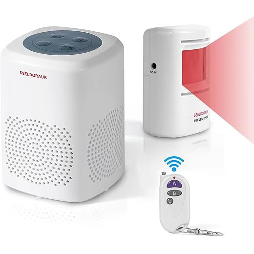 S SELDORAUK Motion Sensor Door Chime, Dog Barking Alarm Doorbell Guard Wireless Infrared Detect Alert for Home Security Reminder Entry Rang 1000ft 110dB 4 Volume Level (1Receiver+1Detector+1Remote)