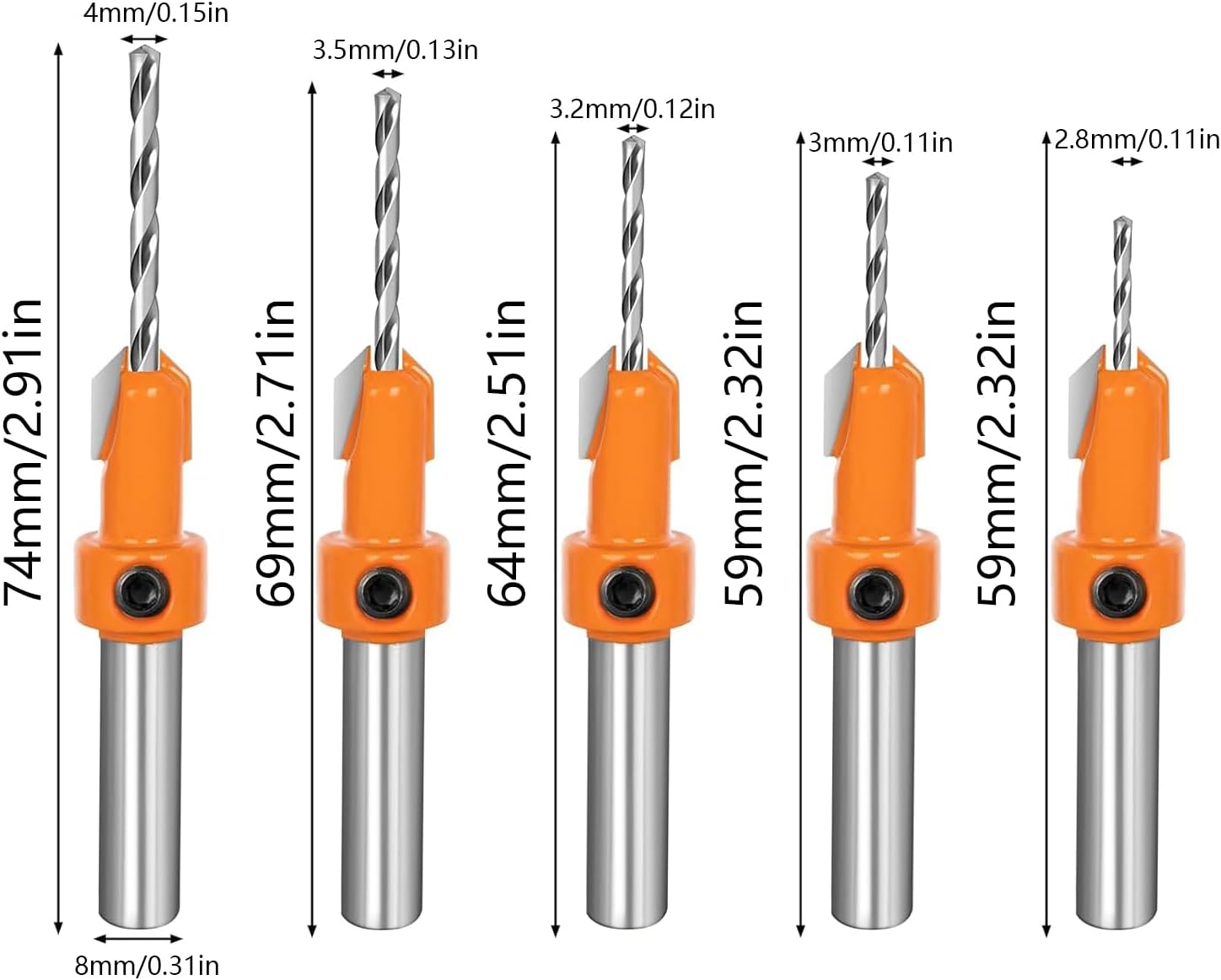 Countersink Drill Bits 5Pcs Countersink Drill Bits Set with 5 Different Sizes 5 Replaceable Bits 5 Wrench for Woodworking