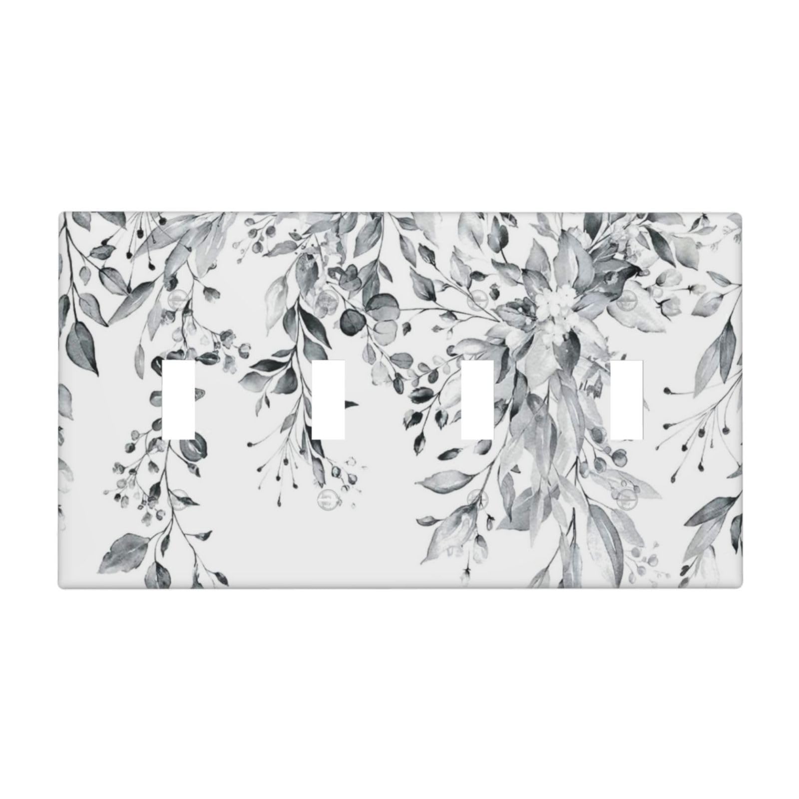 White/Grey Sage Eucalyptus Leaves Decorative 4 Gang Quad Toggle Light Switch Cover Plate Decorative Electric Quadruple Device Faceplate Switchplate Screwless