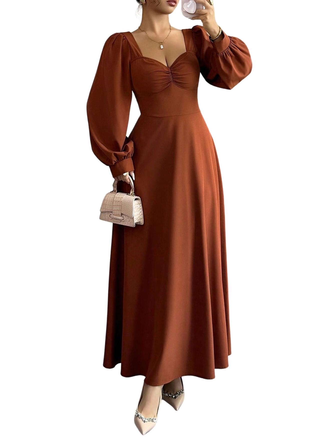 SweatyRocks Winterkleider Damen Lang Maxikleid Langarm Abendkleider Elegant Hochzeitsgast Kleid A Linie Frühlingskleid Blusenkleid