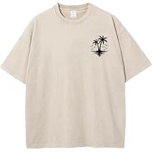 Mens T Shirts Oversized Short Sleeve Tee Vintage Washed Casual Loose Tops Palm Tree Print Distressed Retro Tshirt