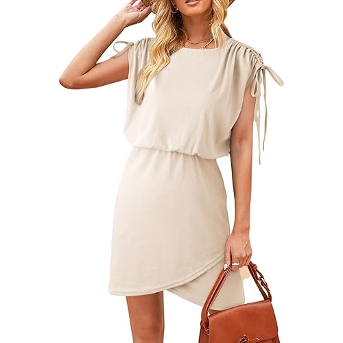 Dokotoo Womens 2024 Summer Dress Drawstring Cap Sleeve Crew Neck Wrap Bodycon Dresses Mini Short Dress