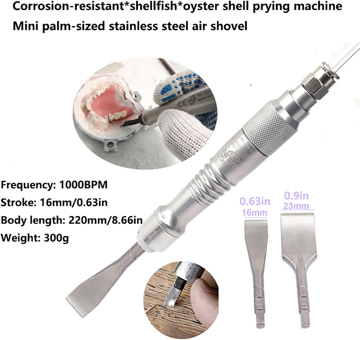 Oyster Shucking Tool - Pneumatic Shellfish Opener with Stainless Steel Knife, 1000/min Frequency, 16mm Stroke, Commercial Use for Seafood Buffets and Hotels