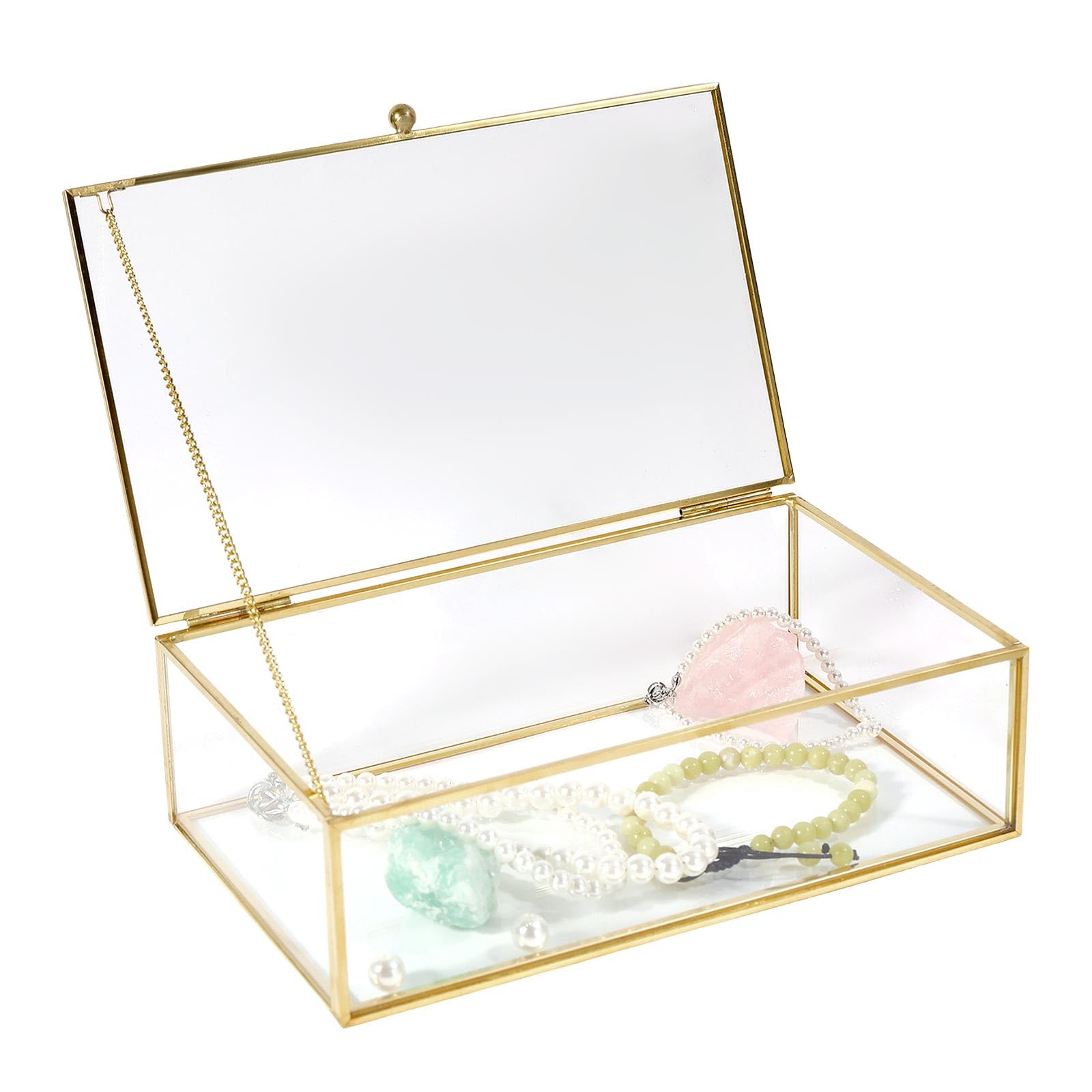 Caja de recuerdos de cristal vintage con tapa con bisagras, organizador rectangular de exhibición de joyas con bordes dorados, soporte de exhibición de recuerdos para collares, colgantes
