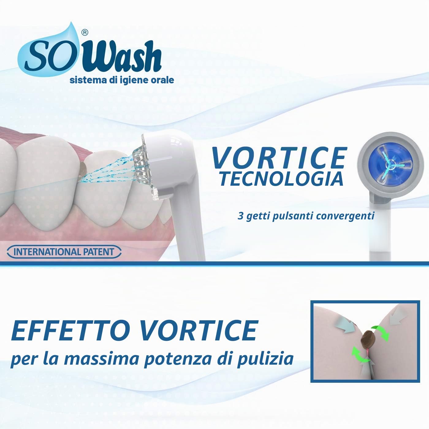Idropulsore Dentale SoWash | Family | Si Collega al Rubinetto | Irrigatore Dentale Senza Batterie e Elettricità | 4 Test.Vortice con 3 Getti Pulsanti Convergenti + 4 Test.Idrogetto | Prodotto Italiano